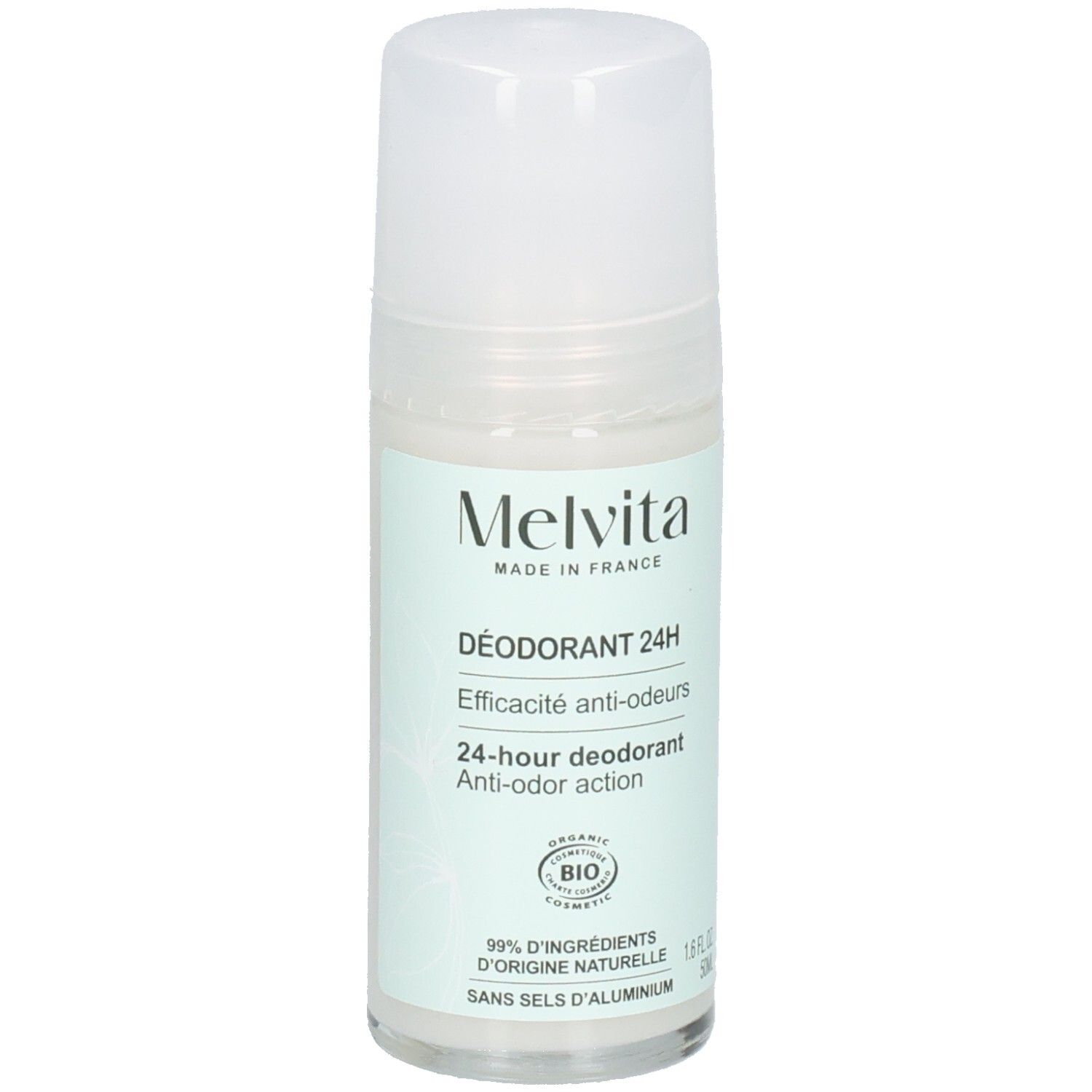 Melvita Deodorant Roll-on 24h mit BIO-Siegel. 99% natürliche Inhaltsstoffe, ohne Aluminiumsalze.