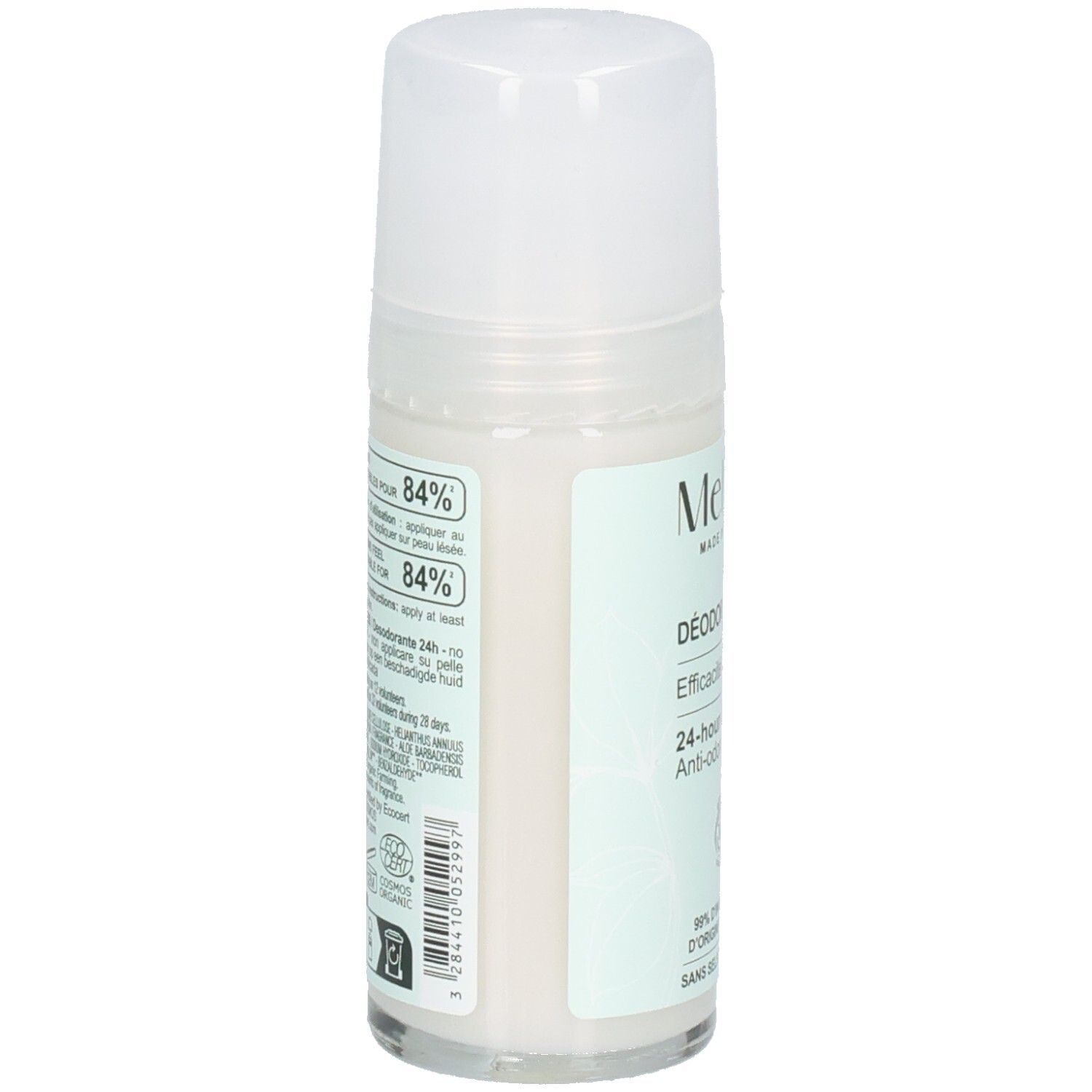 Rückseite Melvita Deodorant Roll-on 24h. Enthält 84% Inhaltsstoffe aus biologischem Anbau.