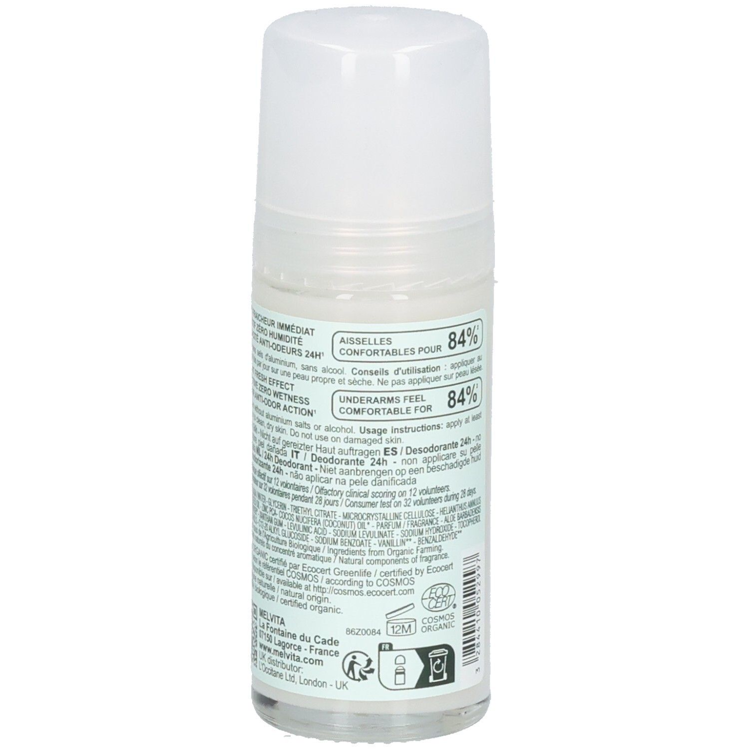 Seitenansicht Melvita Deodorant Roll-on 24h. Informationen zu Inhaltsstoffen und Anwendung.