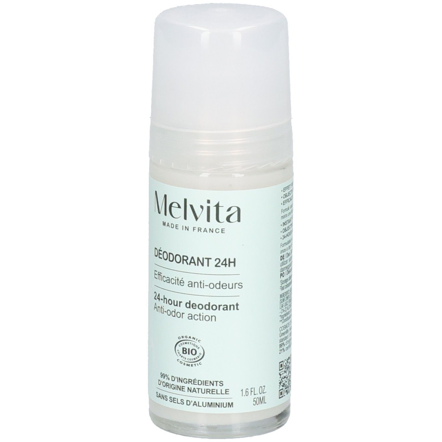 Melvita Deodorant Roll-on 24h. Hergestellt in Frankreich. 50ml Flasche mit BIO-Siegel.