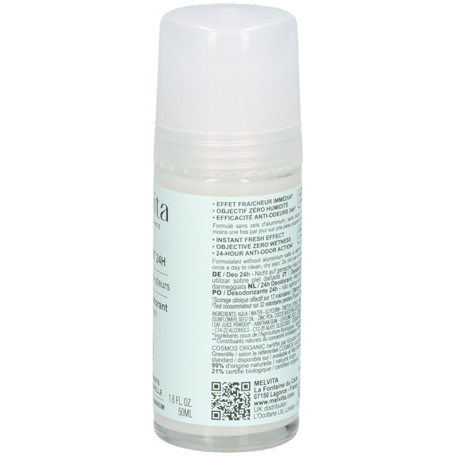 Rückseite Melvita Deodorant Roll-on 24h. Informationen zu Wirksamkeit und Inhaltsstoffen.