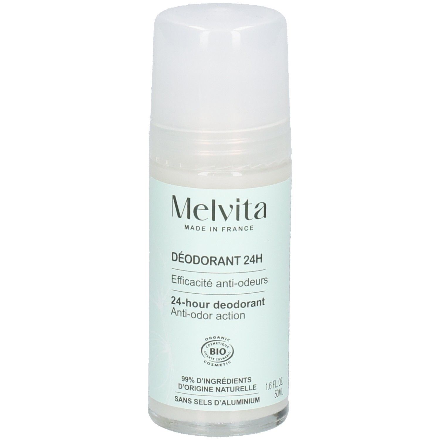 Melvita Deodorant Roll-on 24h. Hergestellt in Frankreich. 50ml Flasche mit BIO-Siegel.