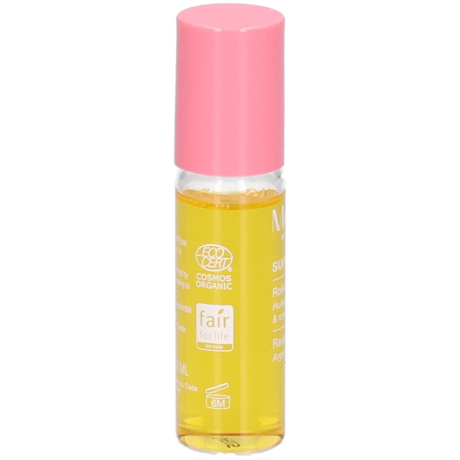Melvita Roll-on mit rosa Kappe. Gelbes Öl in Glasflasche. COSMOS ORGANIC und Fair for Life Siegel.