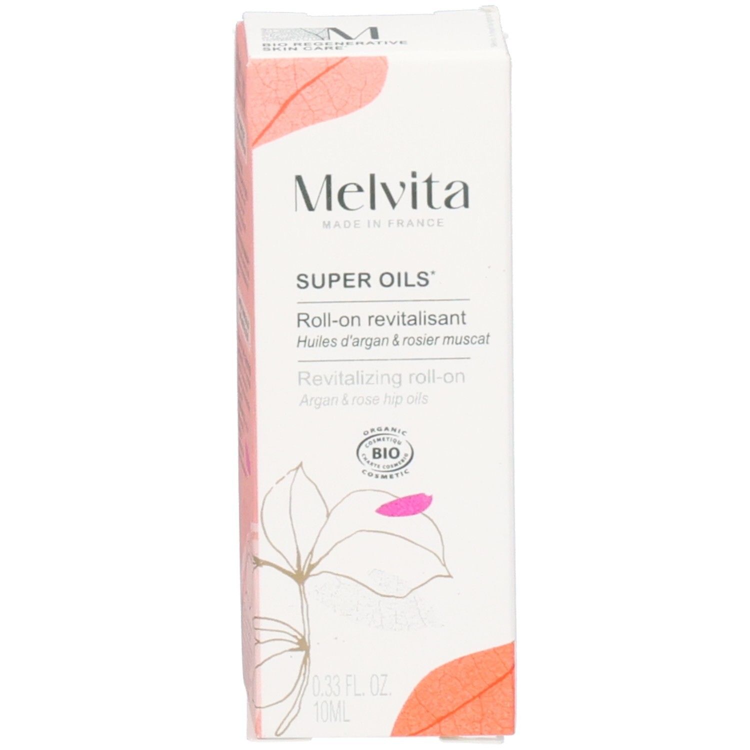 Melvita Verpackung mit floralem Design. Zeigt 'SUPER OILS' und 'Roll-on revitalisant'.