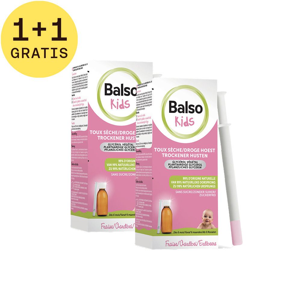 Twee verpakkingen hoestsiroop met Balso Kids. Een gele cirkel met "1+1 GRATIS". Een spuit ernaast.