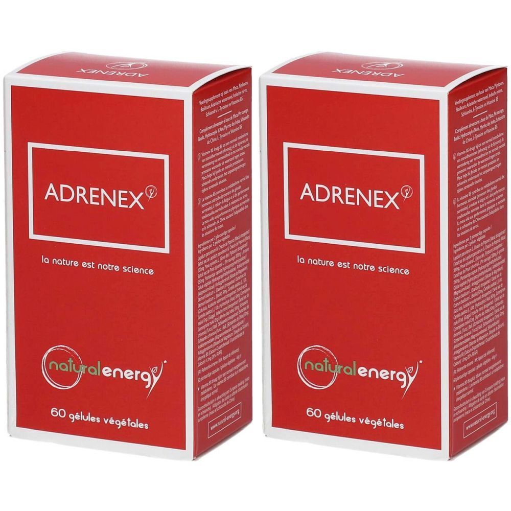 Deux boîtes rouges "ADRENEX". Logo "natural energy". Texte: "60 gélules végétales". Inscription: "la nature est notre science".