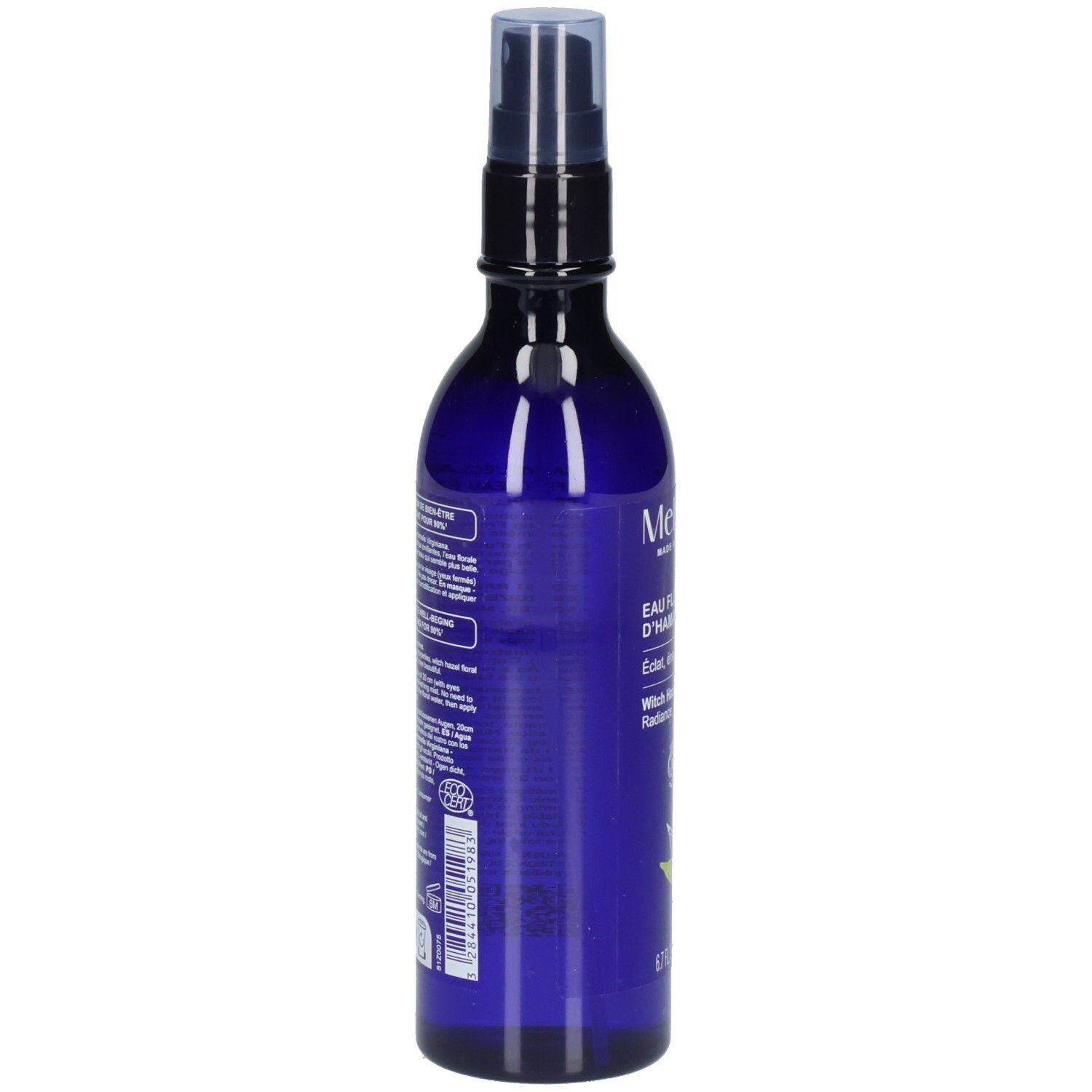 Melvita Eau Florale d’Hamamélis: Rückseite der blauen Sprühflasche mit Produktinformationen.