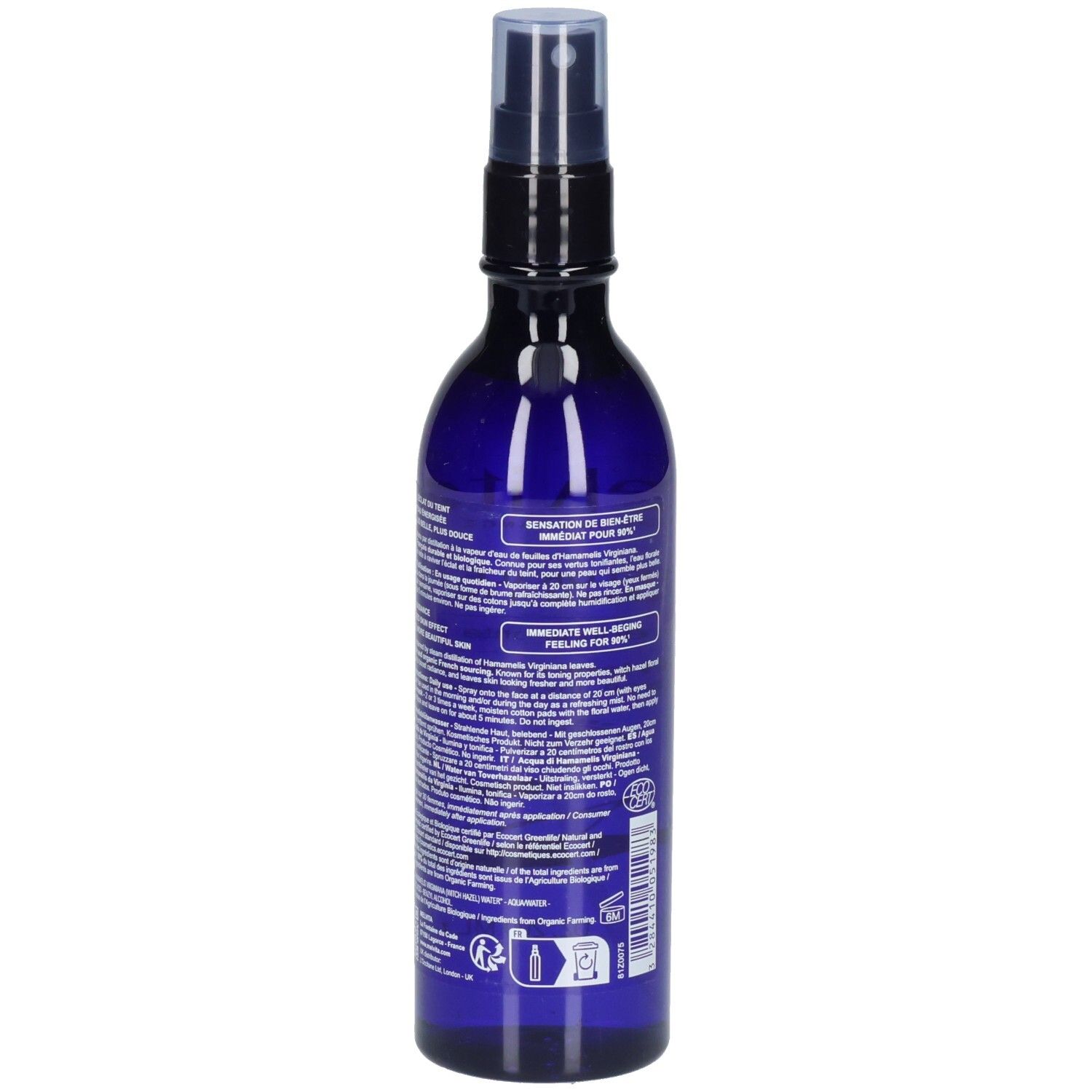 Melvita Eau Florale d’Hamamélis: Seitenansicht der blauen Sprühflasche mit detaillierten Informationen.