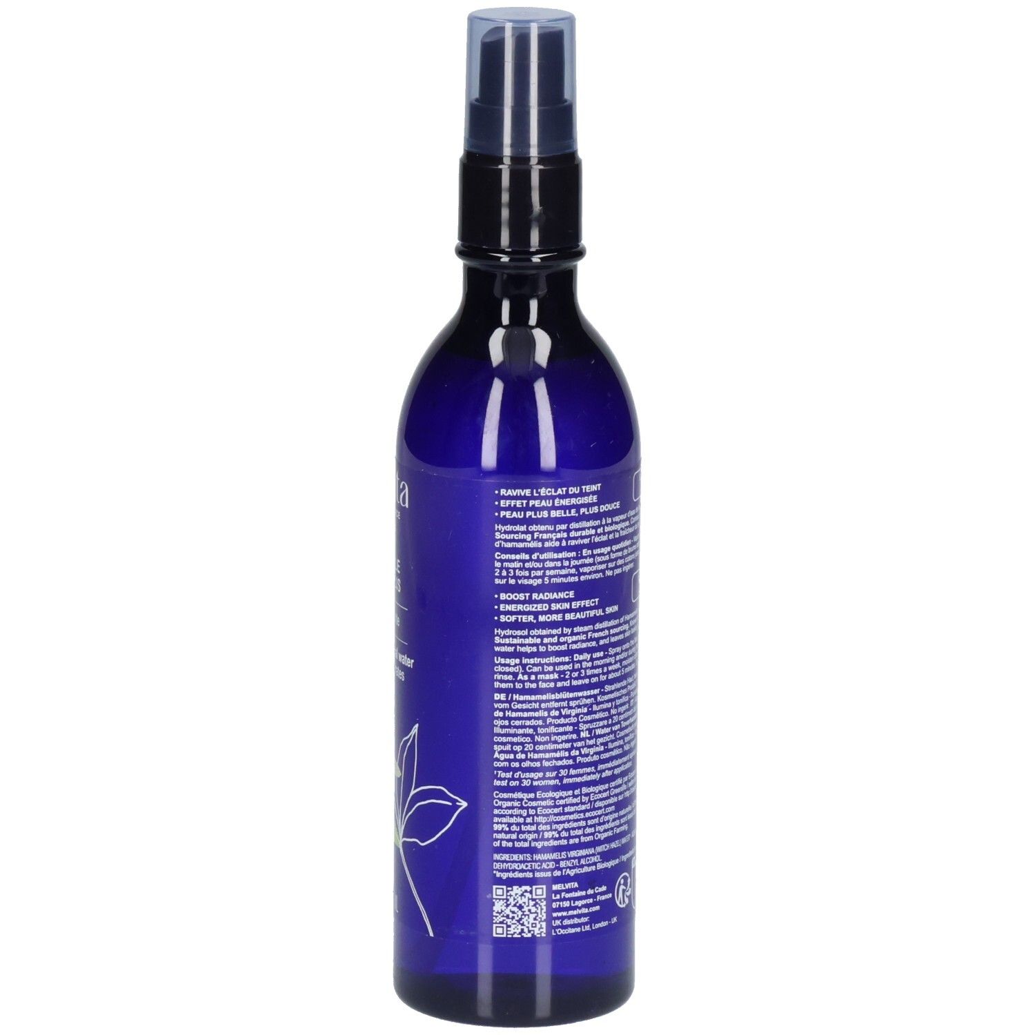 Melvita Eau Florale d’Hamamélis: Rückseite der blauen Sprühflasche mit detaillierten Anwendungshinweisen.