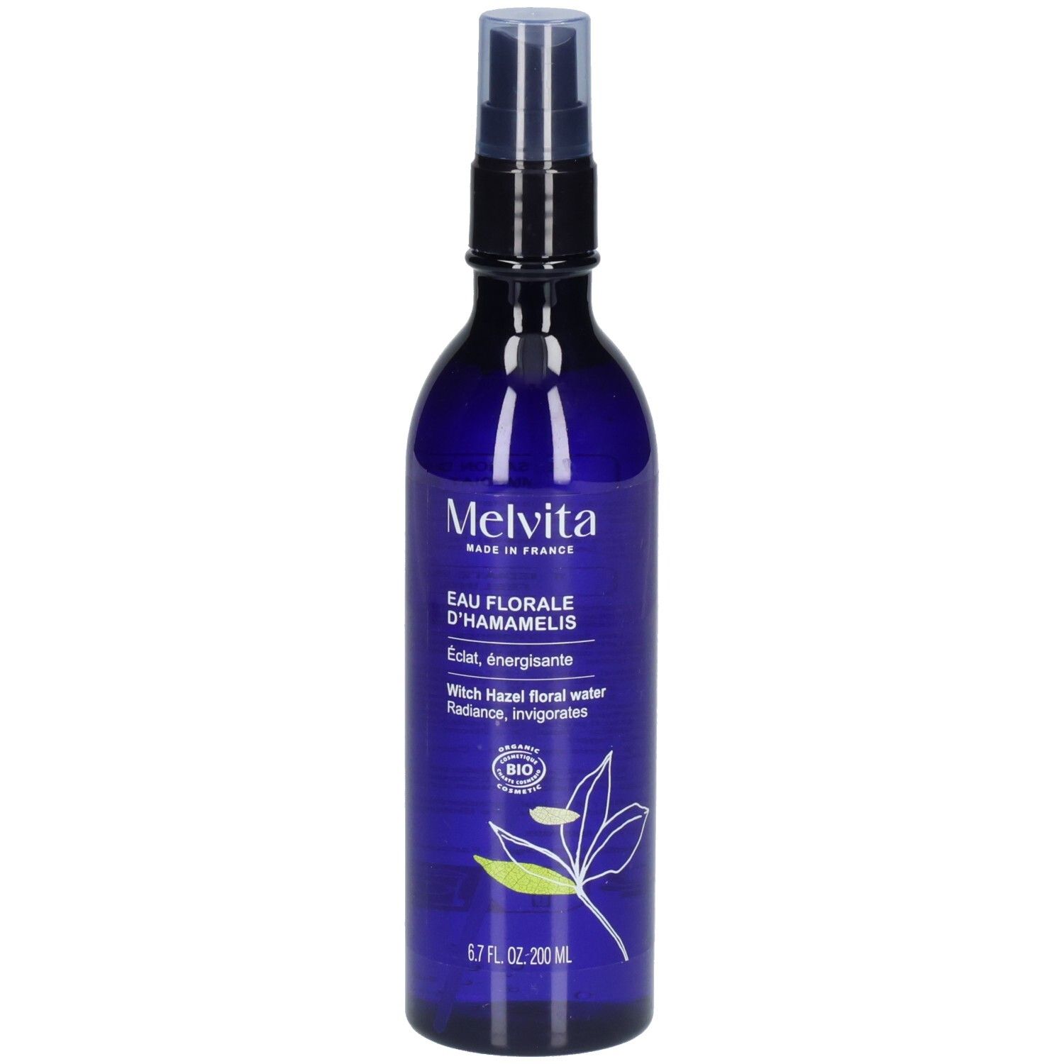 Melvita Eau Florale d’Hamamélis: Blaue Sprühflasche mit Etikett, Pflanzenmotiv und Bio-Siegel.