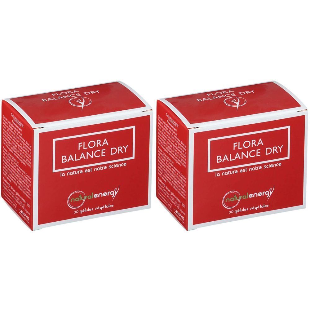 Deux boîtes rouges avec "FLORA BALANCE DRY". En dessous, "la nature est notre science" et le logo "natural energy".