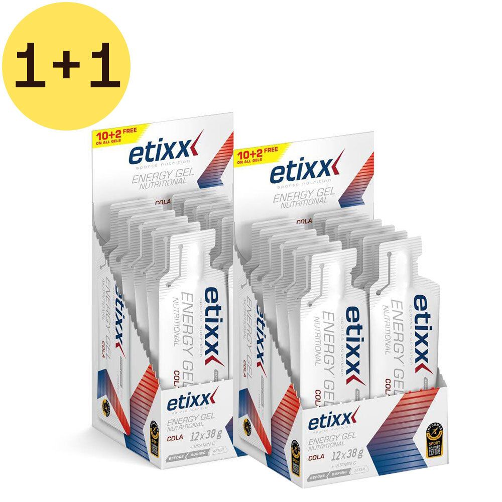 Twee displays met Etixx Energy Gel Cola. Individuele witte zakjes. Opschrift "1+1". 