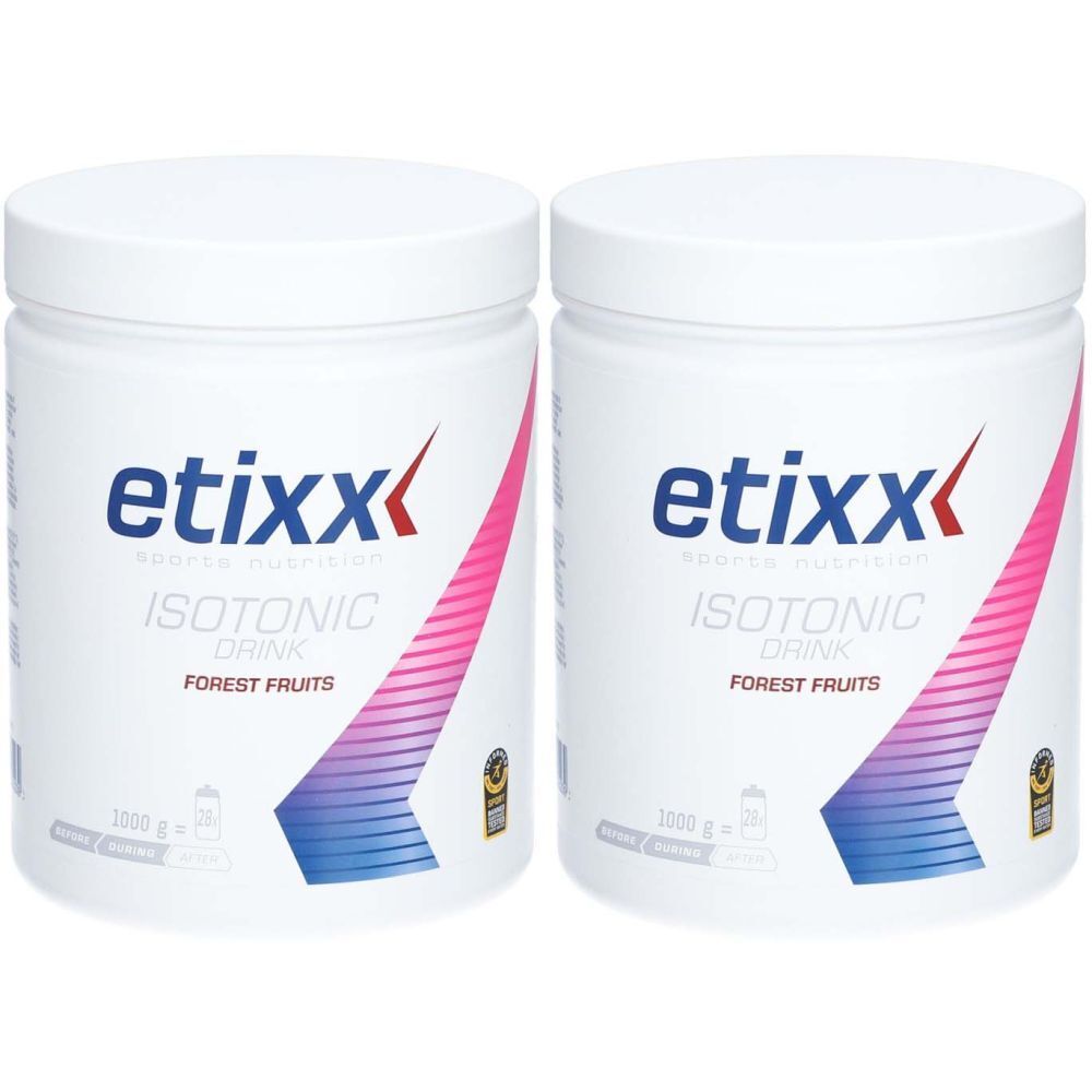Deux pots blancs avec couvercles. Inscription: etixx, ISOTONIC DRINK, Forest Fruits. Dégradés rose-bleu. 1000 g.