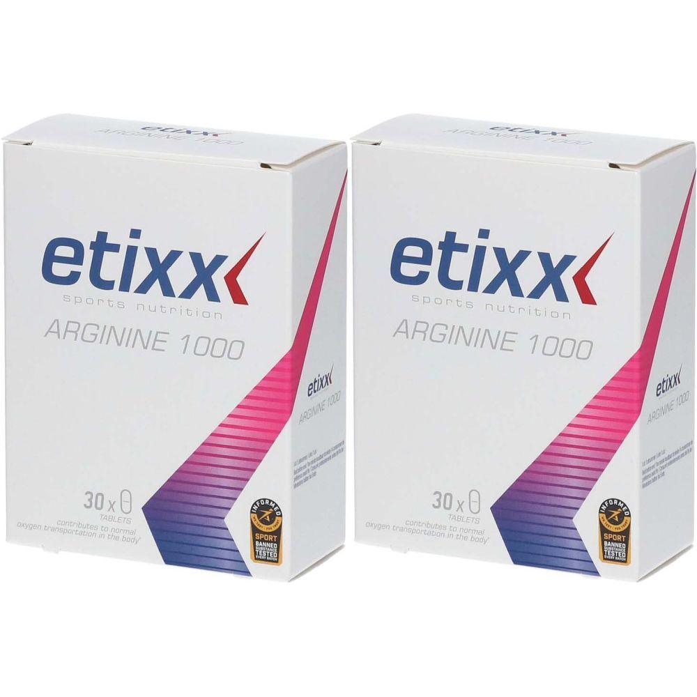 Deux boîtes blanches "etixx sports nutrition ARGININE 1000". Inscription "30x0". Logo avec label de qualité.