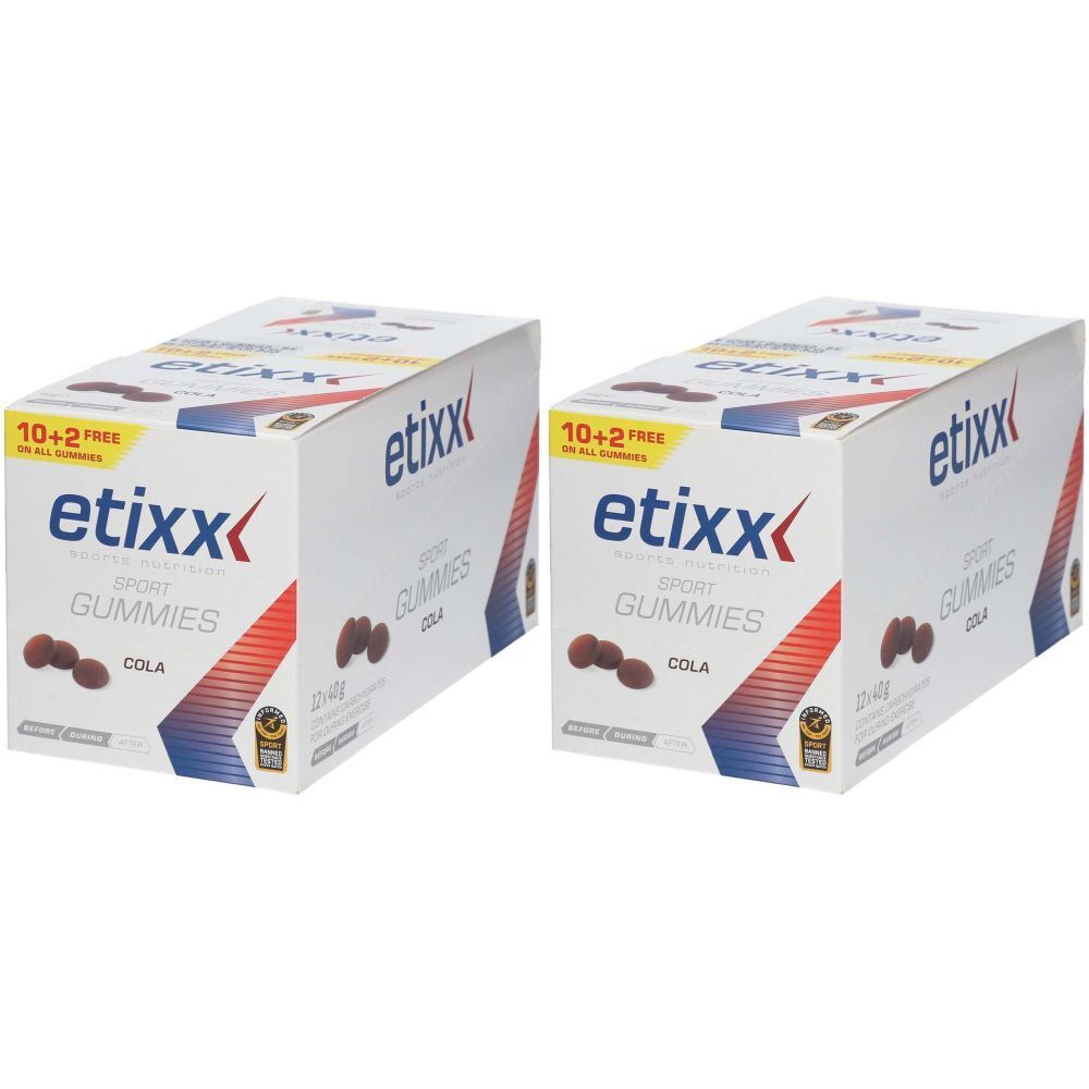Twee dozen "etixx Sport Gummies". Witte verpakking met productnaam, afbeelding van gummies en "Cola". 10+2 gratis.