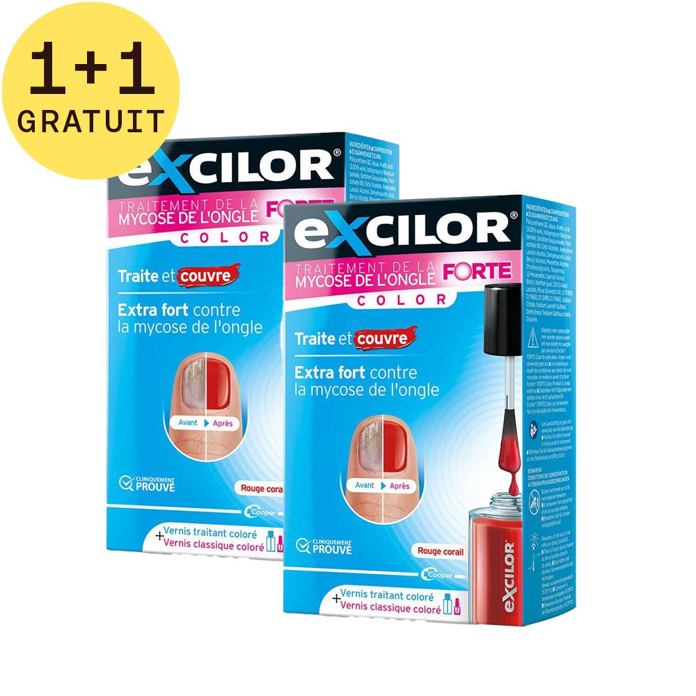 Deux boîtes Excilor Forte, bleues, avec illustration et texte. Autocollant 1+1 gratuit.