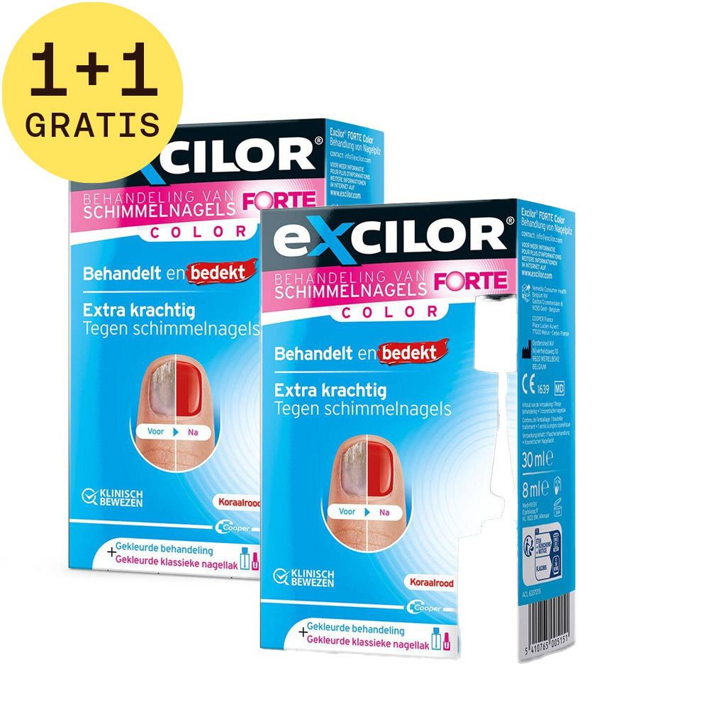 Twee blauwe dozen Excilor Forte met productafbeelding en tekst. 1+1 gratis sticker.