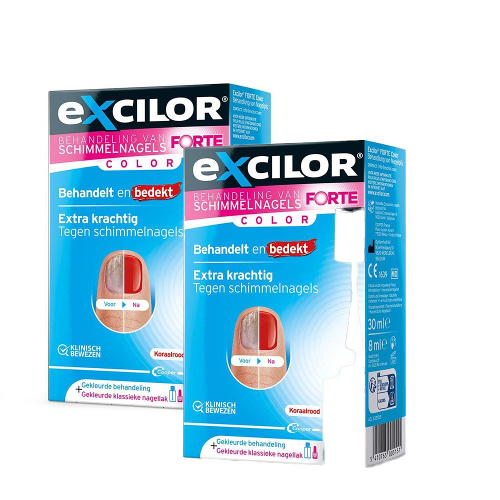 Twee blauwe dozen Excilor Forte met productafbeelding en tekst.