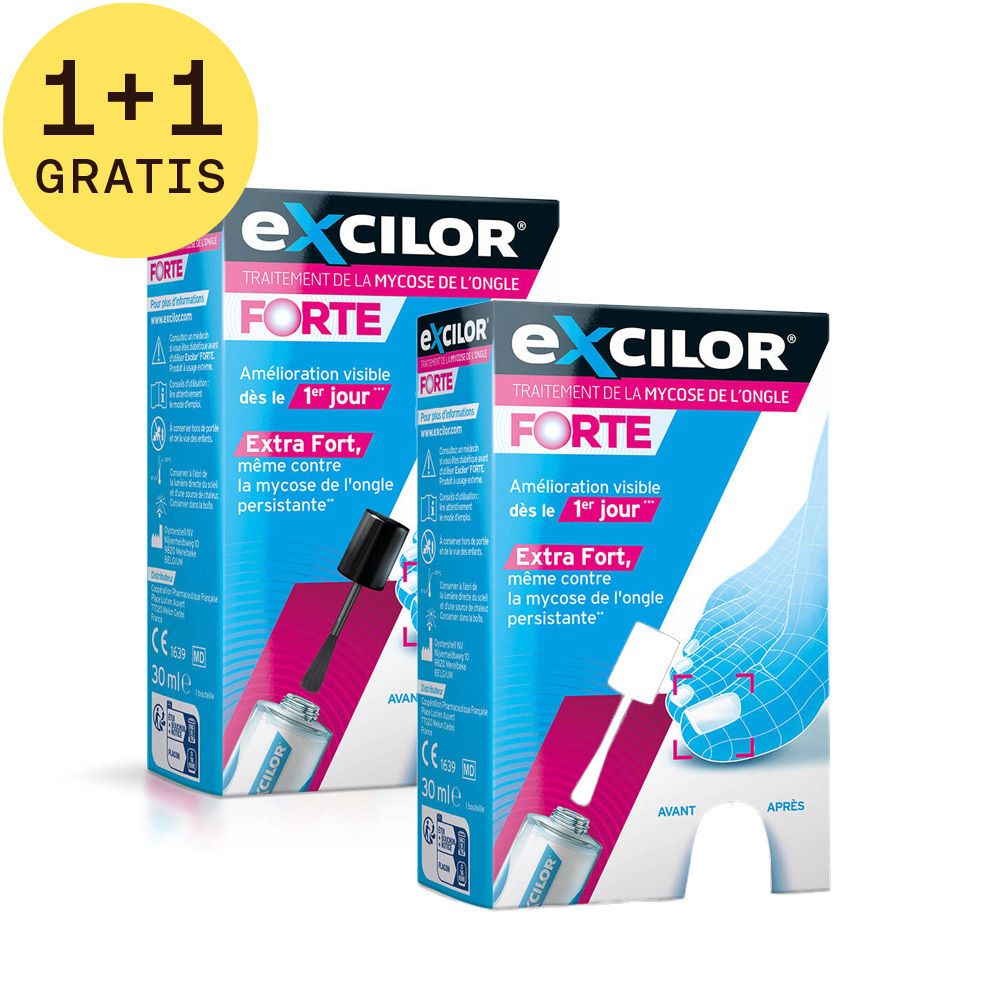 Twee dozen Excilor Forte, blauw, met productinformatie en illustratie van de toepassing.