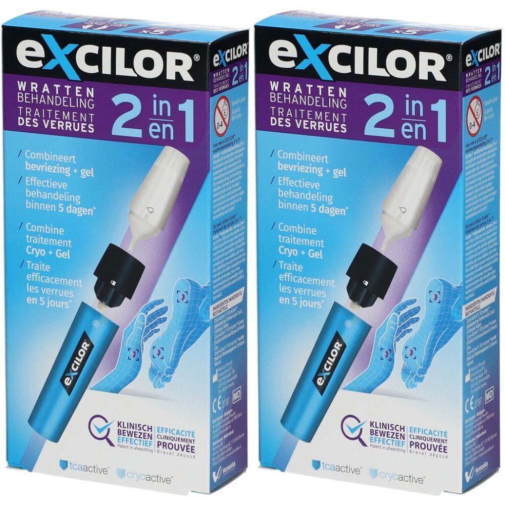 Boîte de produit eXcilor 2 en 1. Bleu et blanc. Texte: Traitement des verrues. Contient un applicateur.