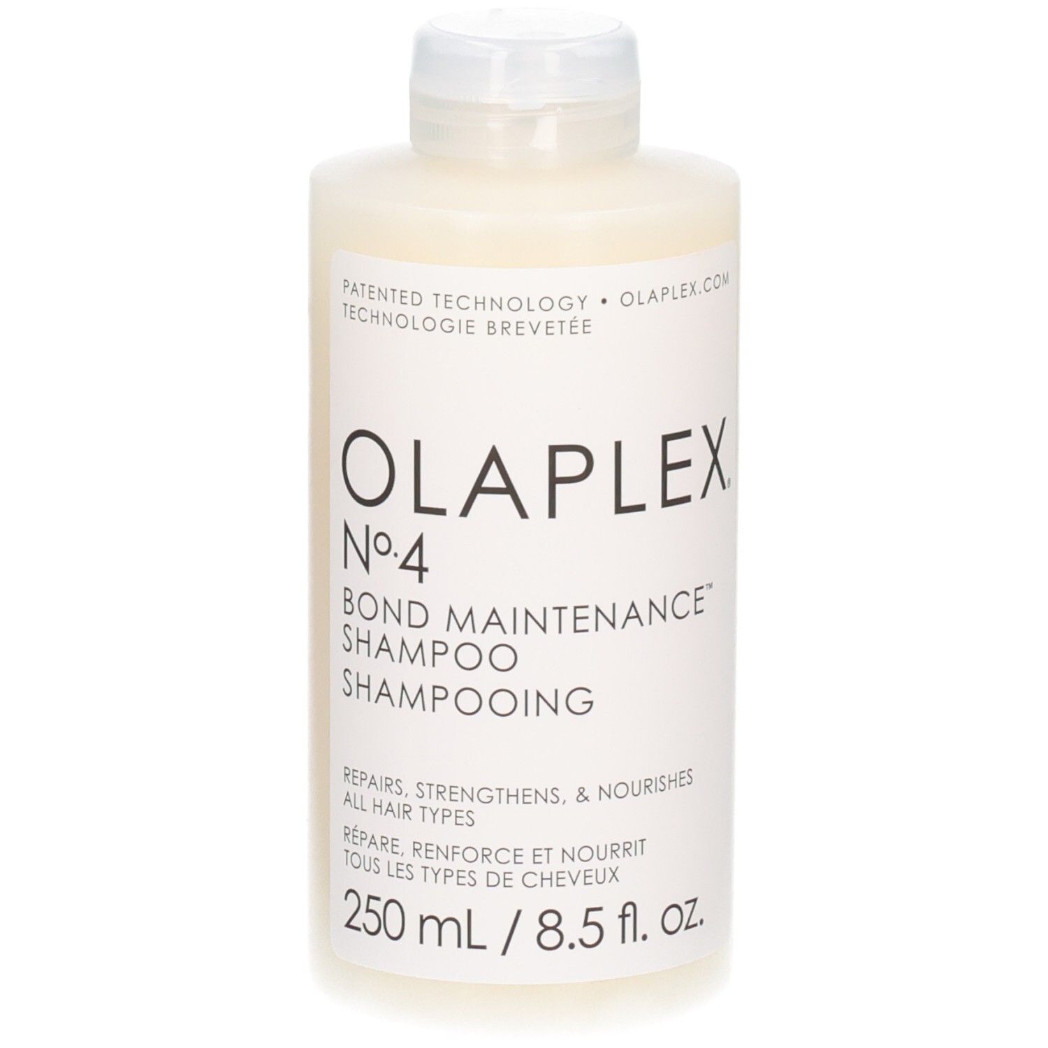 Flasche OLAPLEX No. 4 Bond Maintenance Shampoo, 250 ml. Weiße Flasche mit weißem Klappdeckel und schwarzem Etikett.