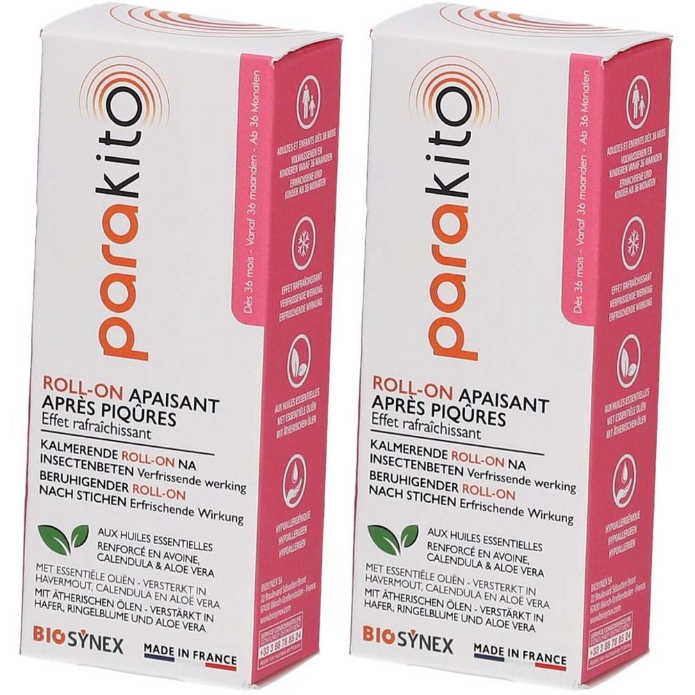 Deux boîtes rectangulaires ParaKito. Emballage rose et blanc avec informations produit. Roll-on apaisant après piqûres.