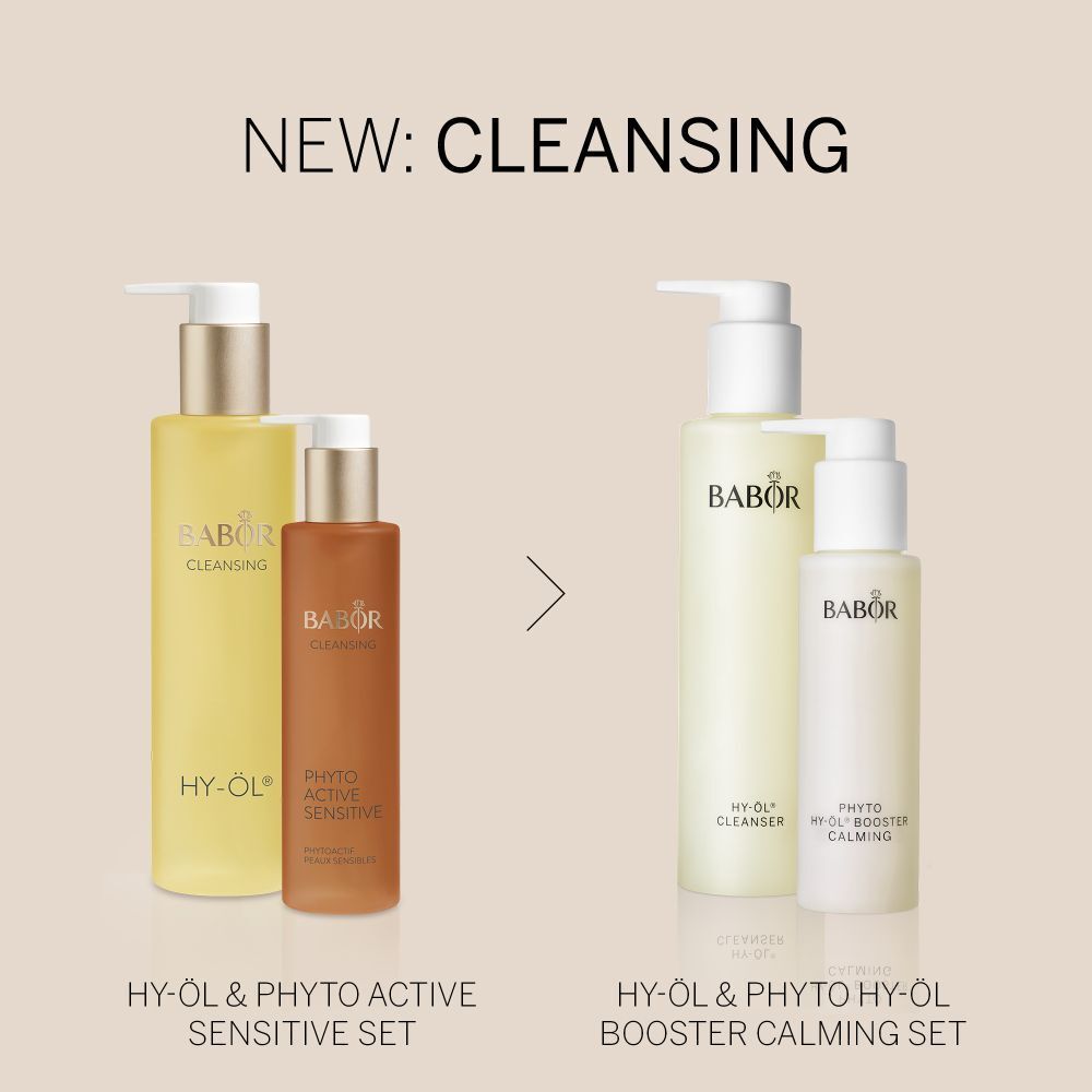 Zwei Produktsets nebeneinander. Links: HY-ÖL & Phyto Active Sensitive Set. Rechts: HY-ÖL & Phyto HY-ÖL Booster Calming Set.