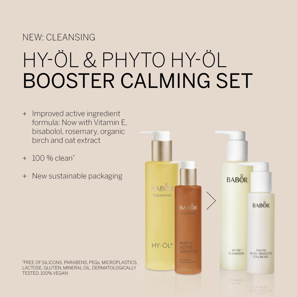Zwei Produktsets nebeneinander. Links: HY-ÖL & Phyto Active Sensitive Set. Rechts: HY-ÖL & Phyto HY-ÖL Booster Calming Set.