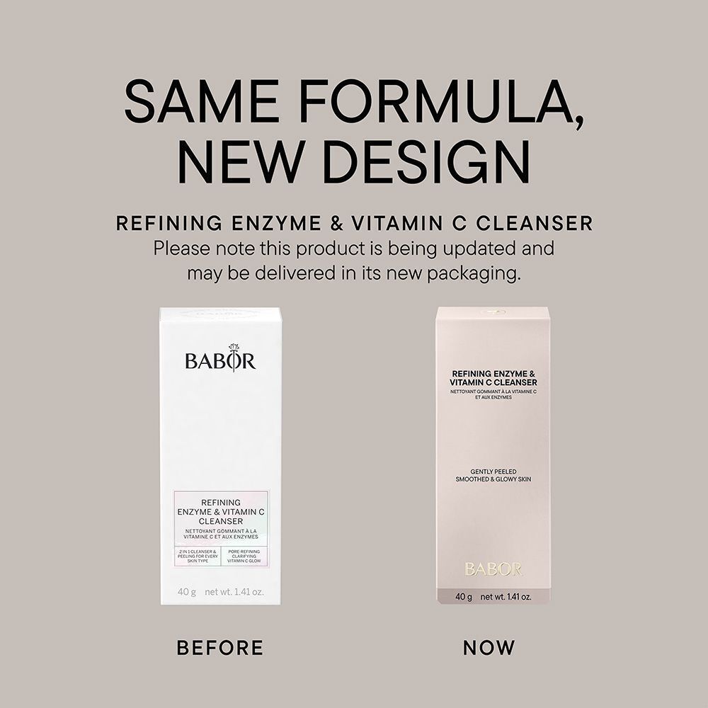 Babor Refining Enzyme & Vitamin C Cleanser, "Vorher" und "Jetzt" Verpackung.