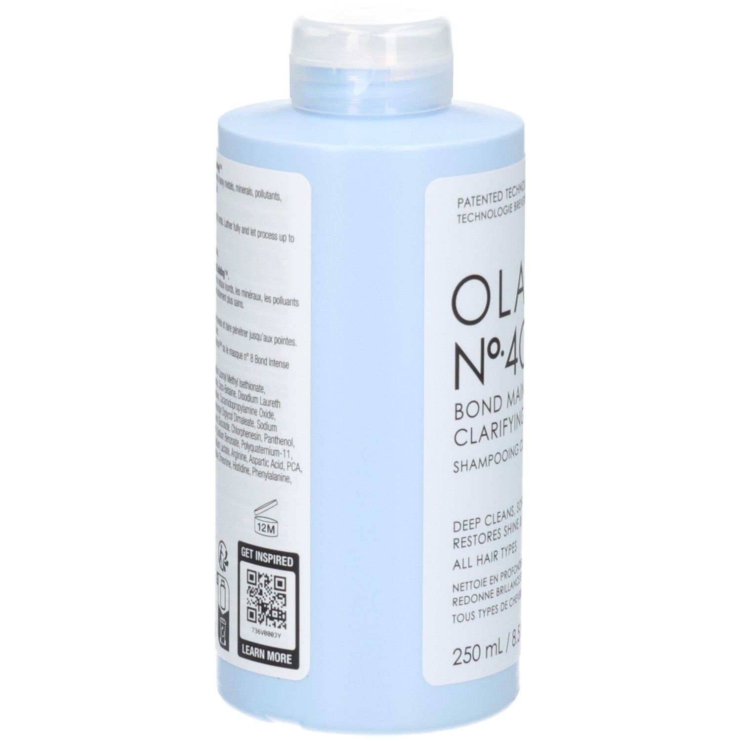 Olaplex No. 4C Bond Maintenance Clarifying Shampoo Flasche, Rückseite mit Inhaltsstoffen.