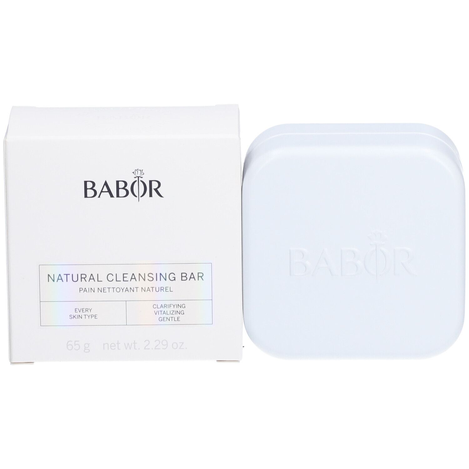 Weiße Box und Seife. Box mit BABOR-Logo und Produktinformationen. Seife quadratisch.