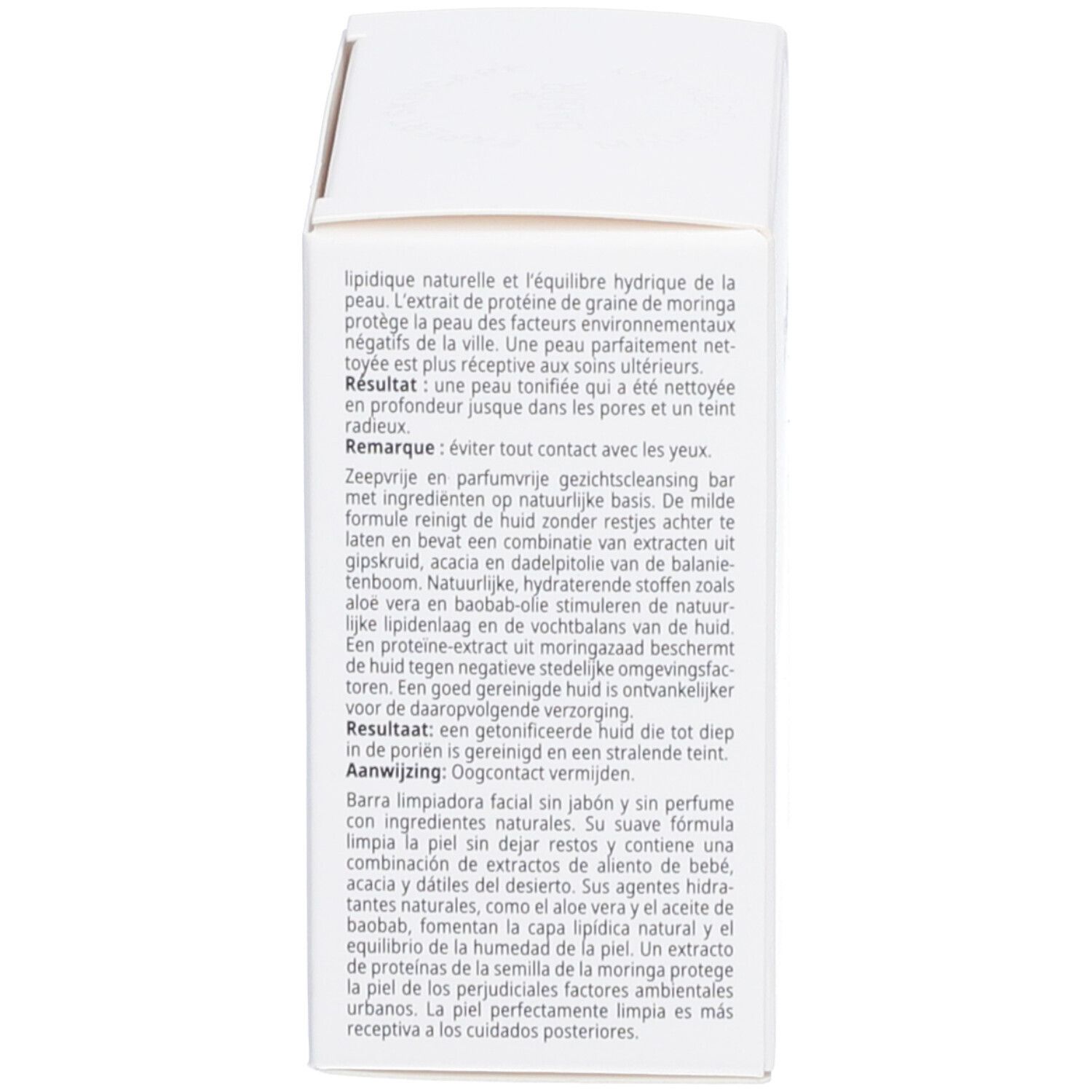 Text auf weißer Box. Beschreibung des Produkts und Inhaltsstoffe in mehreren Sprachen.
