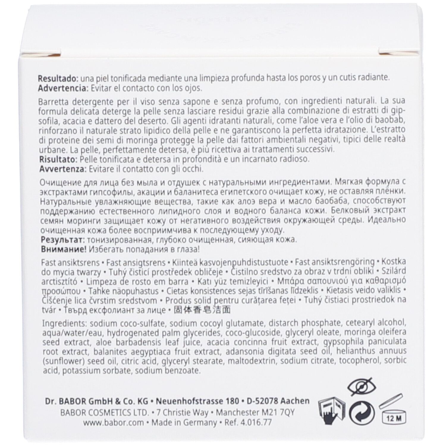 Text auf weißer Box. Beschreibung des Produkts und Inhaltsstoffe in mehreren Sprachen.