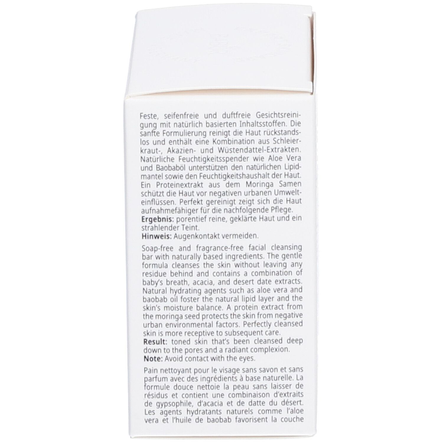 Text auf weißer Box. Beschreibung des Produkts und Inhaltsstoffe in mehreren Sprachen.