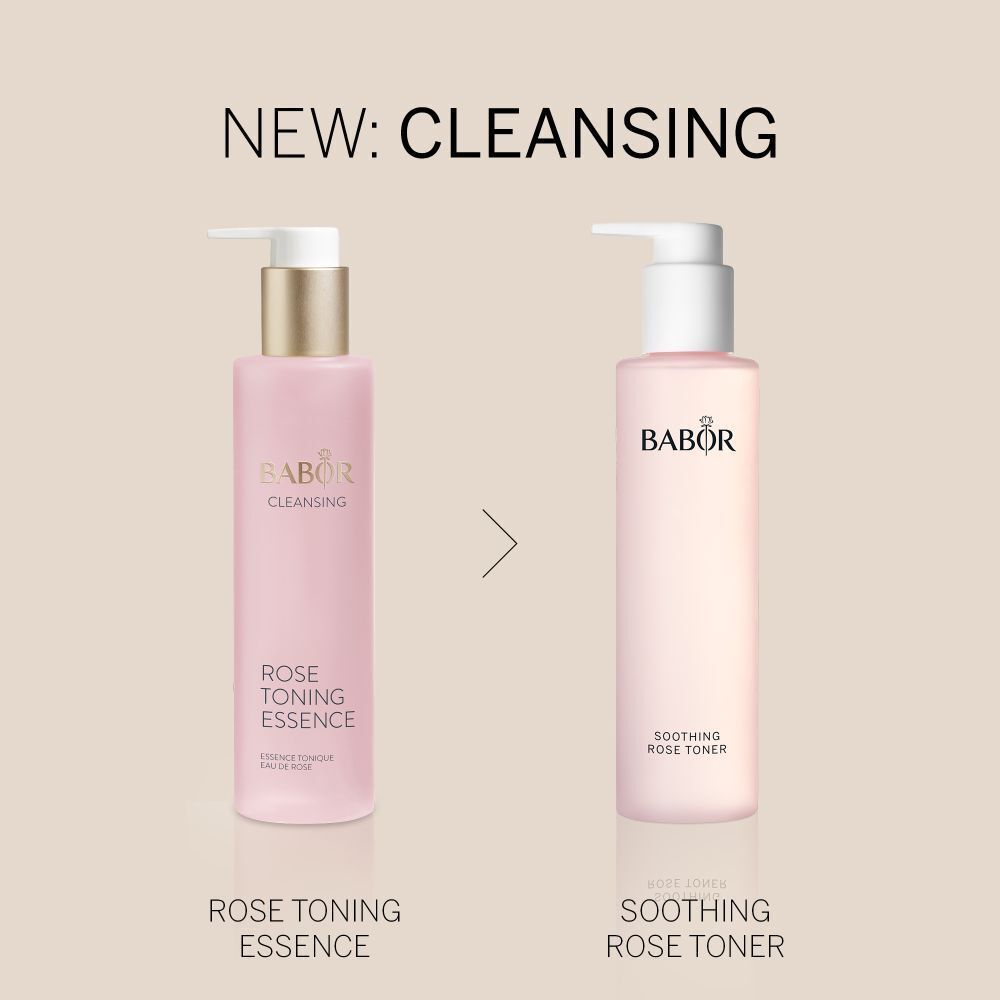 BABOR SOOTHING ROSE TONER in einer rosa Flasche mit weißem Pumpspender.