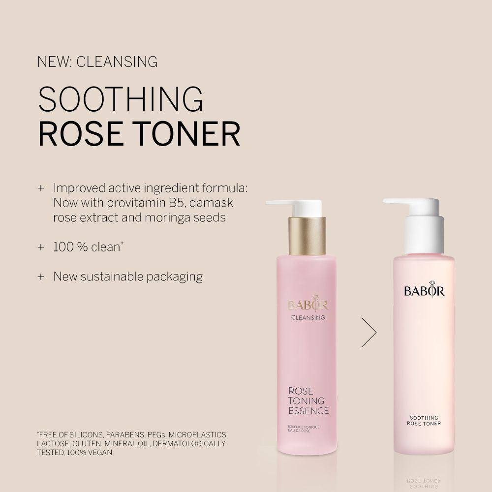 BABOR SOOTHING ROSE TONER in einer rosa Flasche mit weißem Pumpspender.