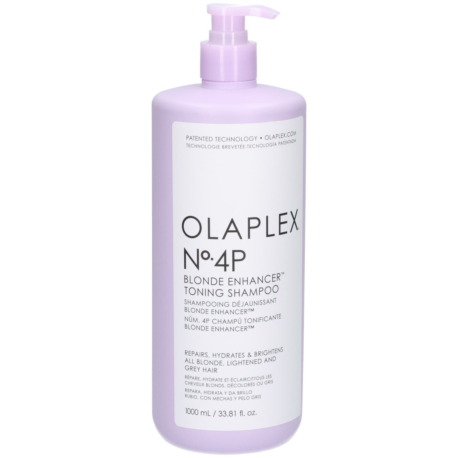 Olaplex N°4P Blonde Enhancer Toning Shampoo in lila Flasche mit Pumpspender, 1000 ml.