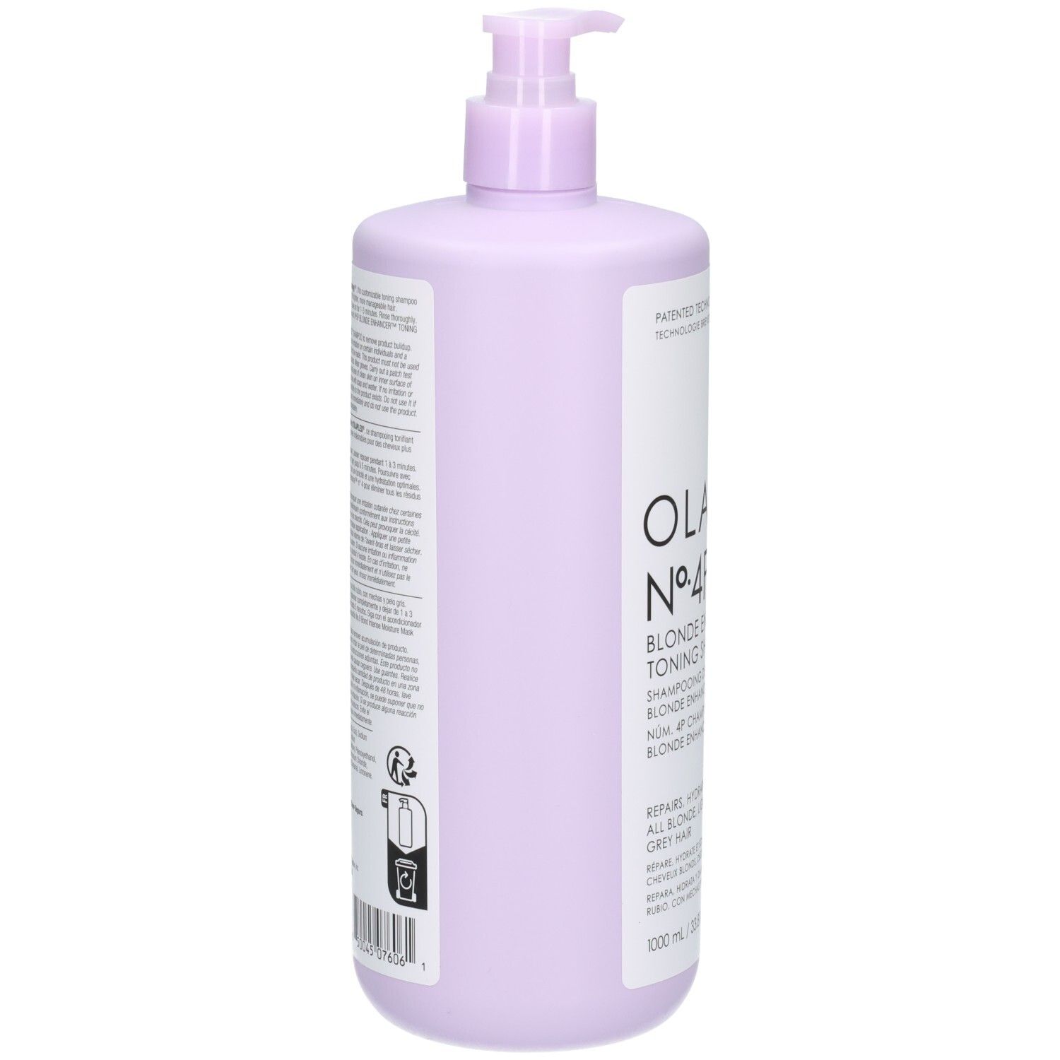 Rückseite der Olaplex N°4P Blonde Enhancer Toning Shampoo Flasche mit Produktinformationen, 1000 ml.