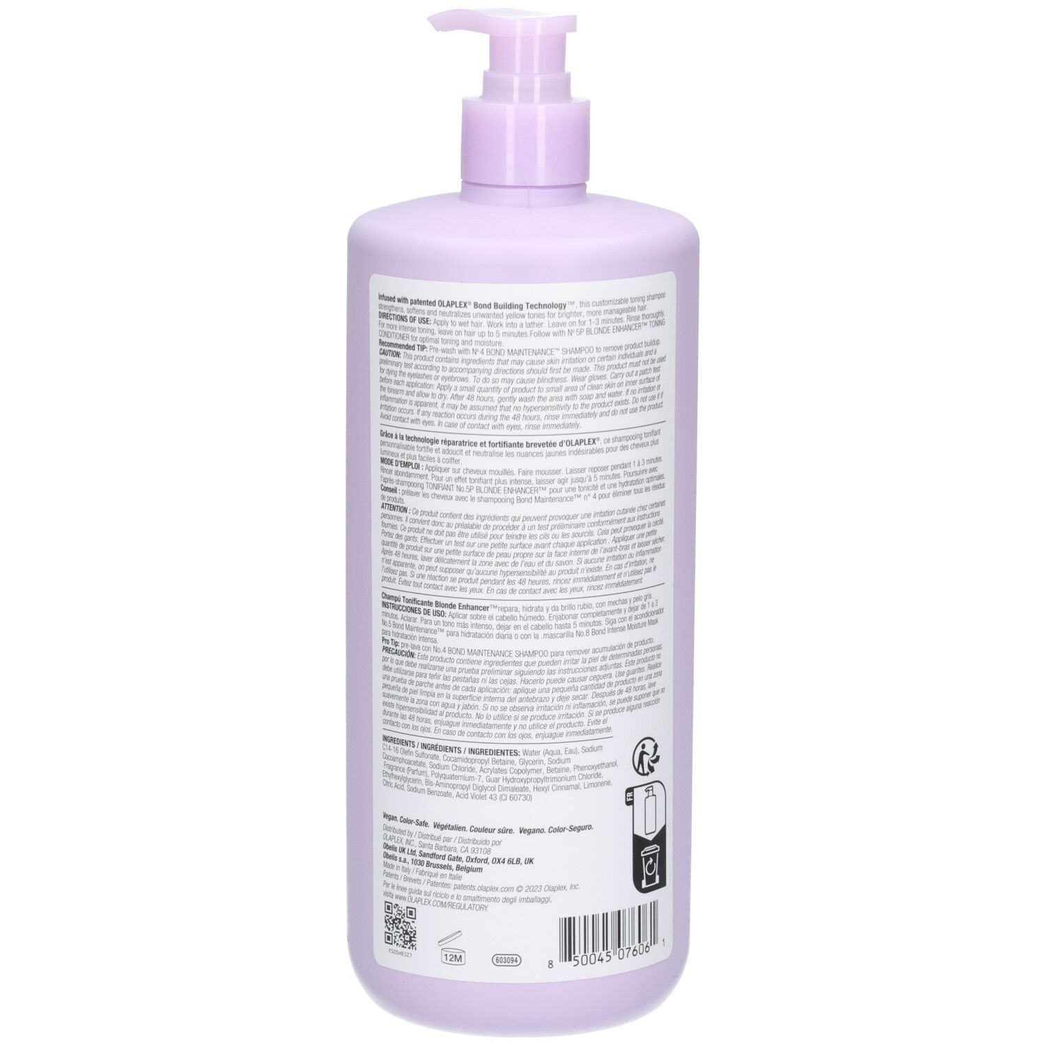 Rückseite der Olaplex N°4P Blonde Enhancer Toning Shampoo Flasche mit detaillierten Anwendungshinweisen und Inhaltsstoffen, 1000 ml.