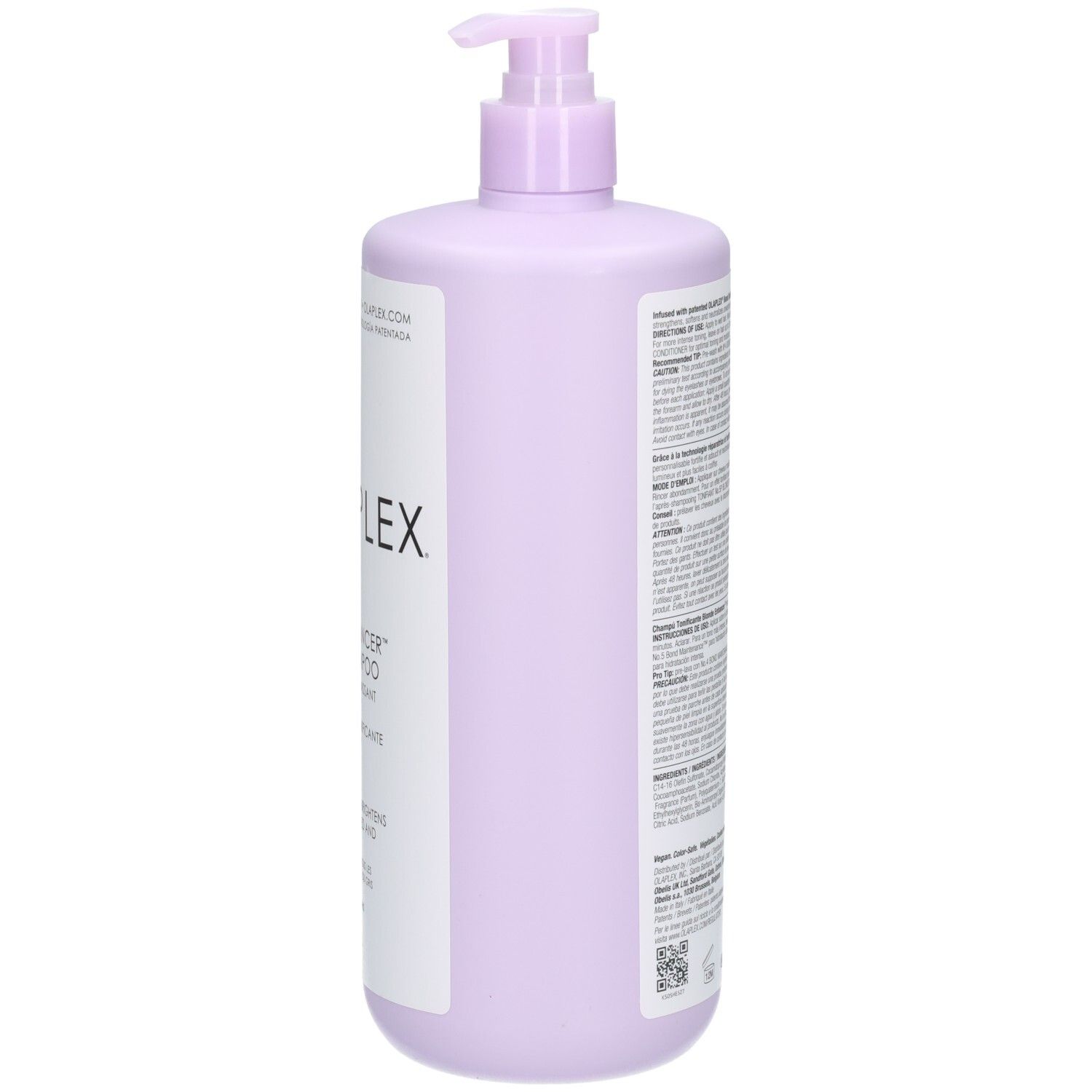 Seitenansicht der Olaplex N°4P Blonde Enhancer Toning Shampoo Flasche, 1000 ml.