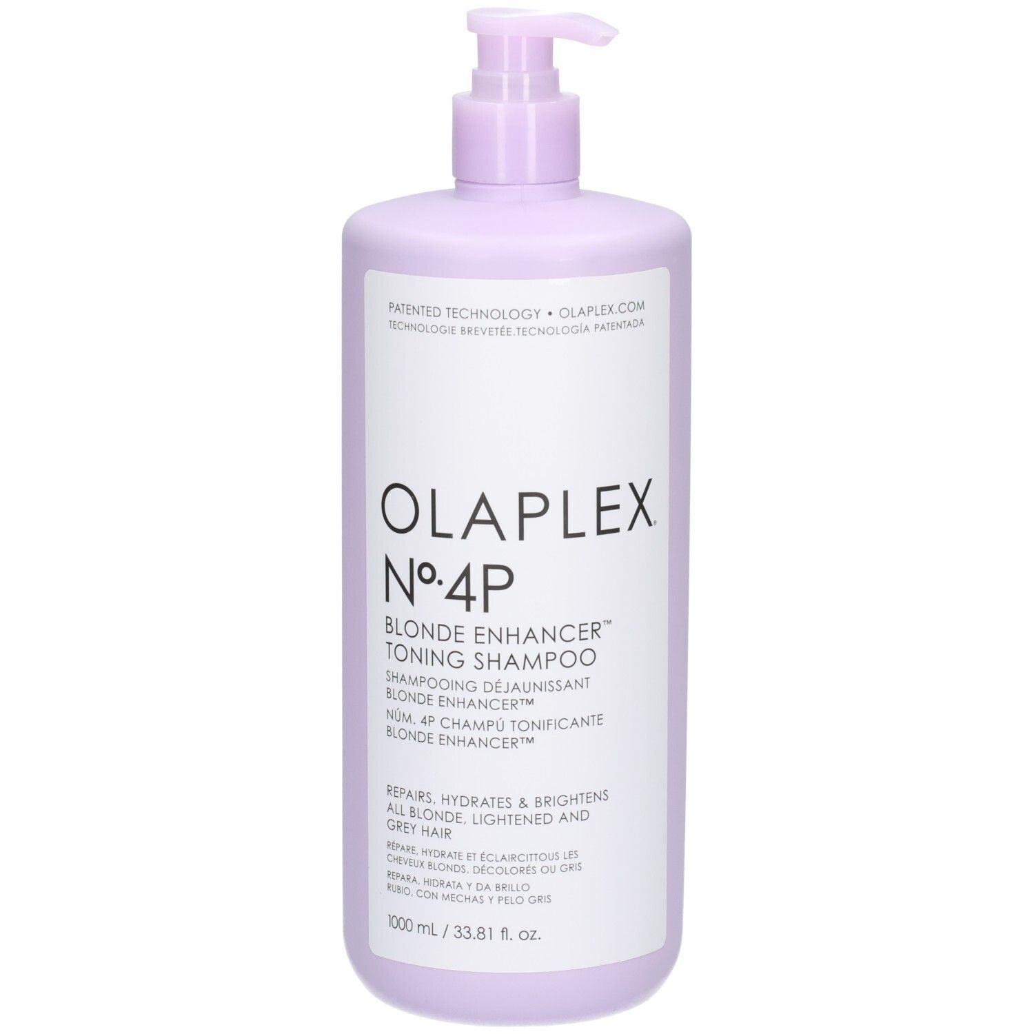 Olaplex N°4P Blonde Enhancer Toning Shampoo in lila Flasche mit Pumpspender, 1000 ml.
