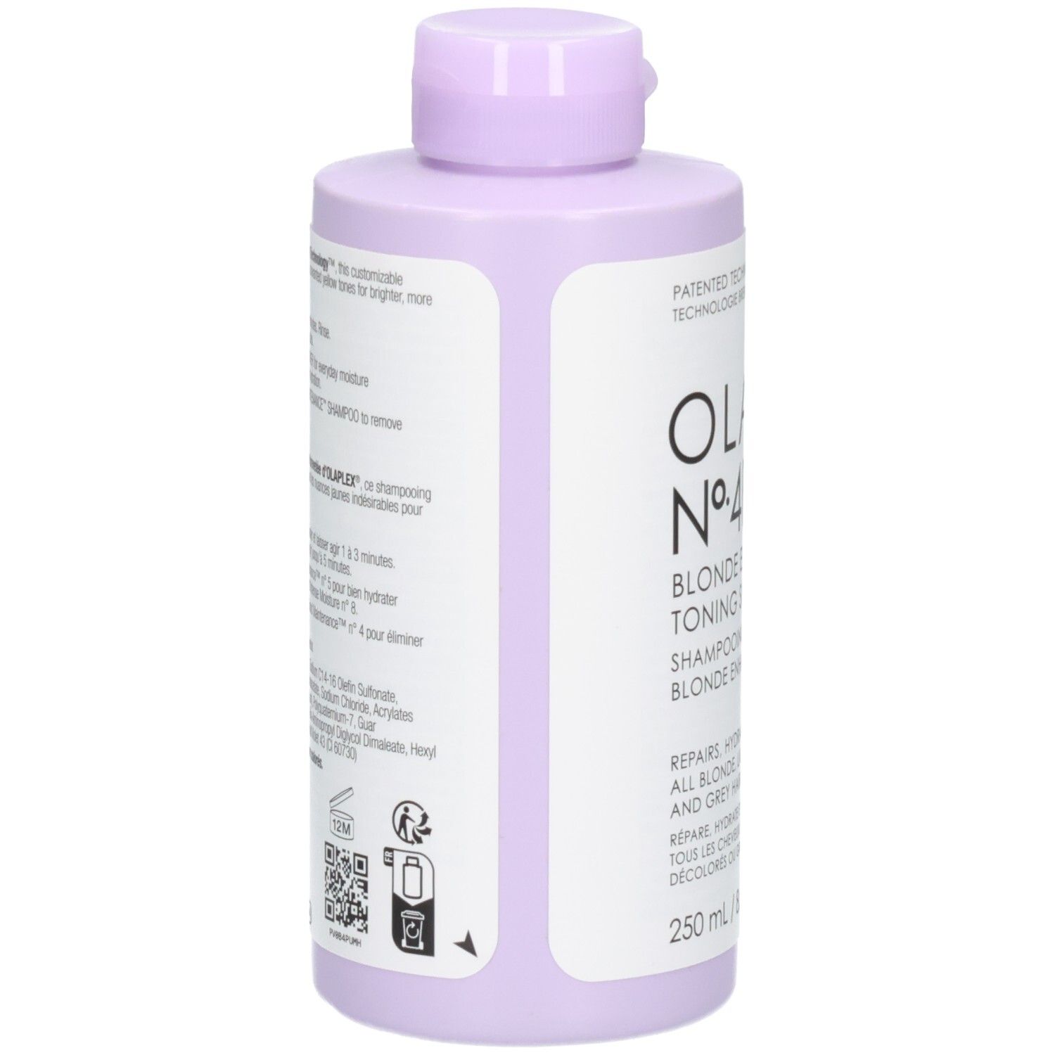 Bouteille violette avec OLAPLEX N°4 BLONDE TONING SHAMPOO, 250 ml.