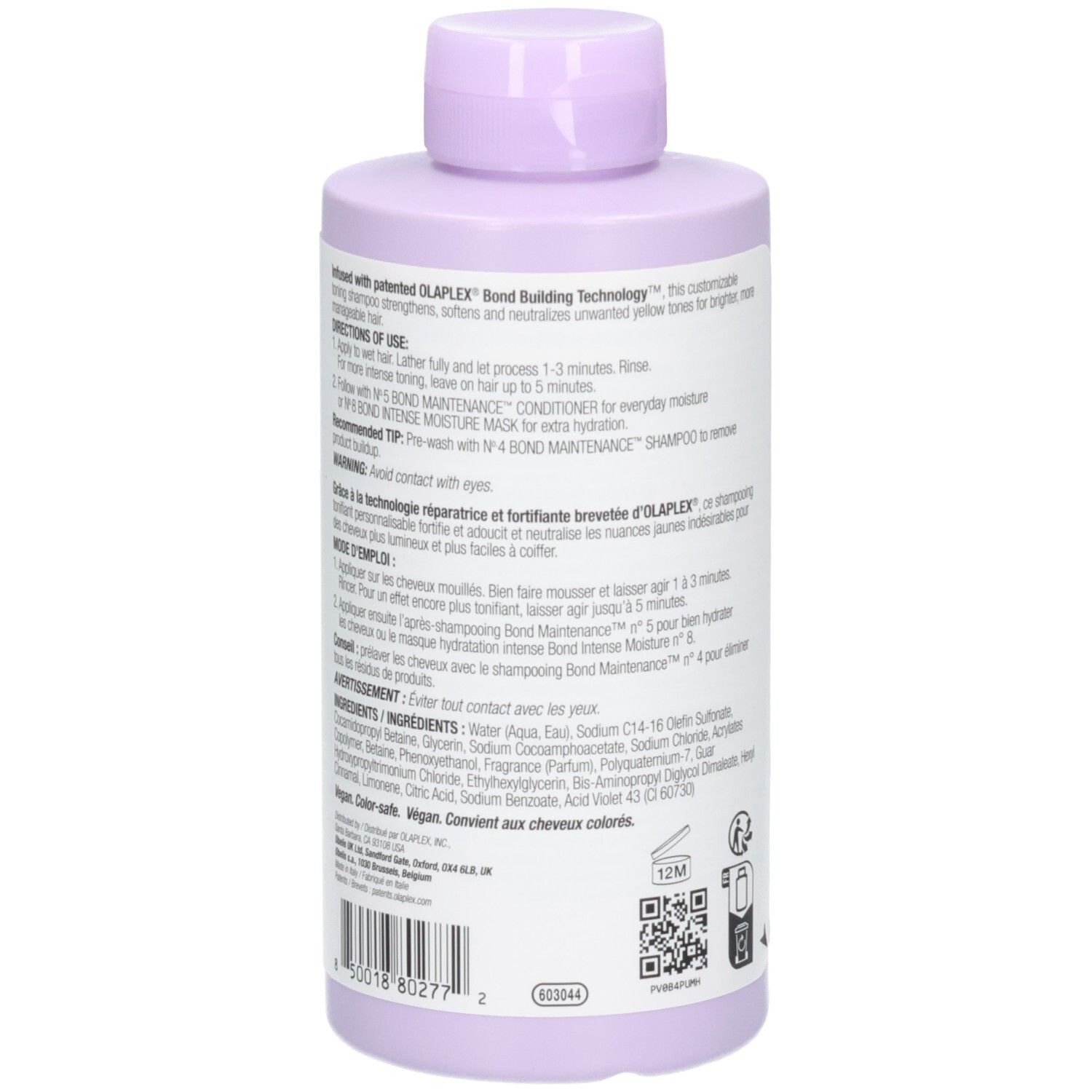Bouteille violette avec technologie de liaison de liaison OLAPLEX. Contient des instructions et des ingrédients.