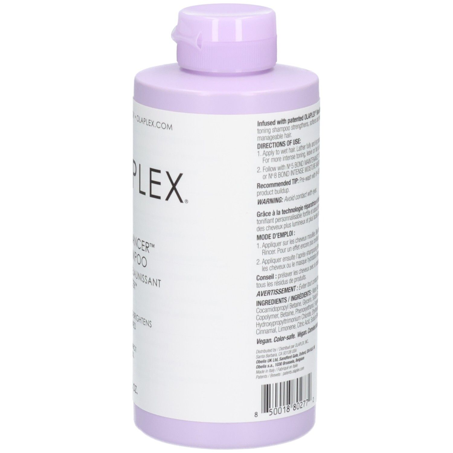 Bouteille violette d'Olaplex No. 4P, un shampooing éclaircissant.