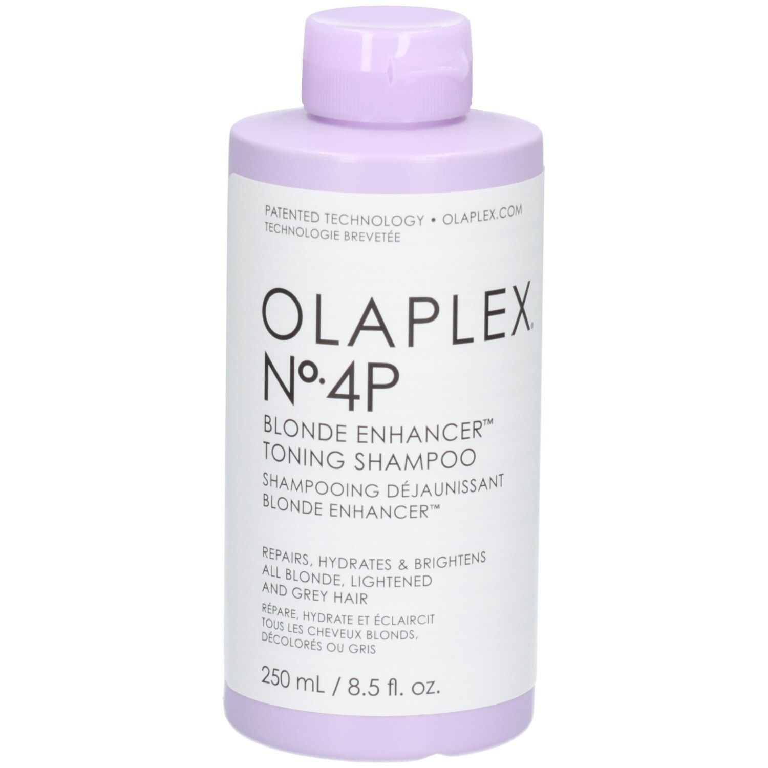 Bouteille de shampooing déjaunissant Olaplex No. 4P Blonde Enhancer, 250 ml.