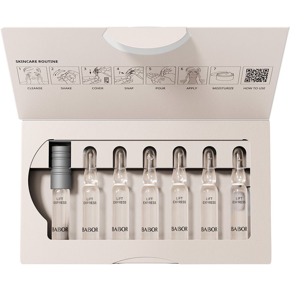 Babor Lift Express Ampullen-Verpackung: Rückseite mit Produktinformationen.