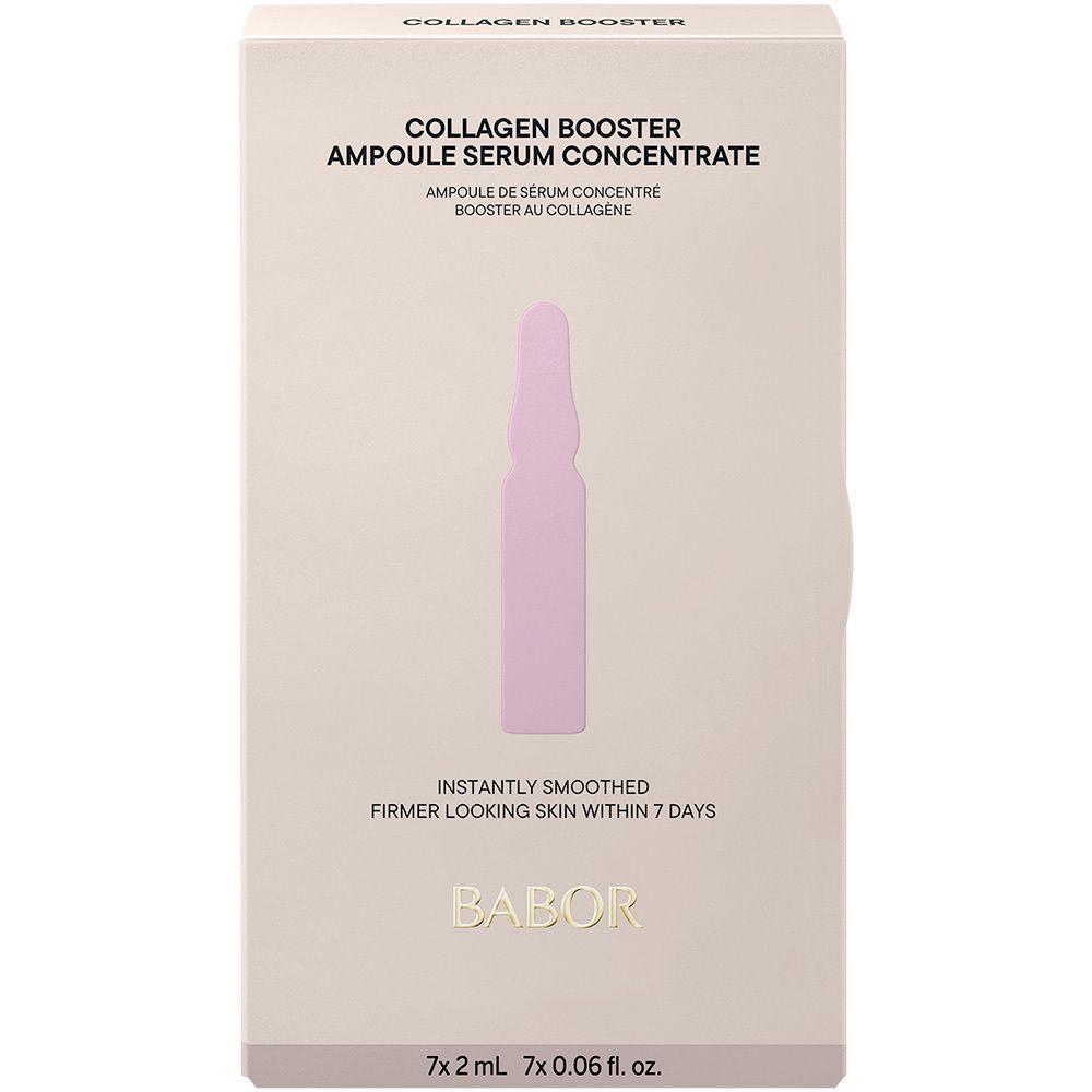 Boîte blanche avec illustration du produit. Marque Babor. Inscription Collagen Booster.