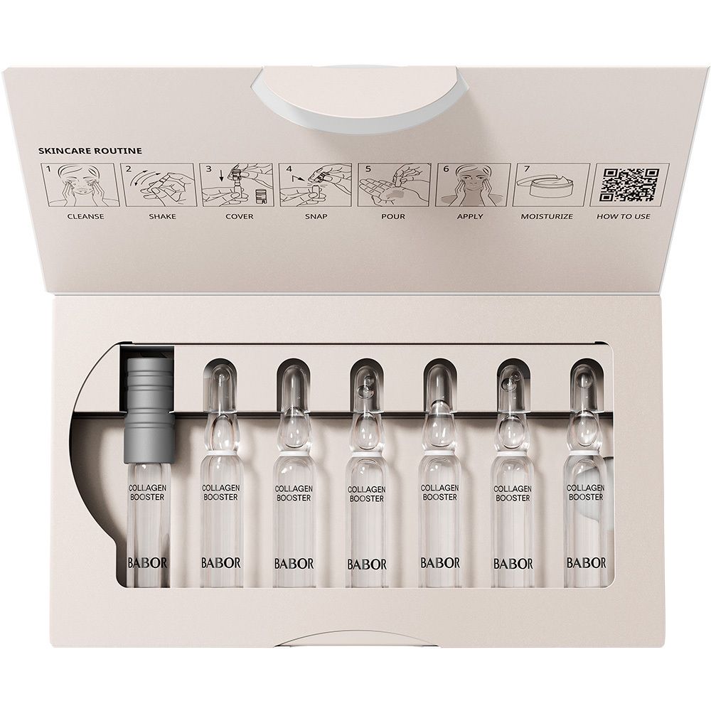 Open verpakking met ampullen. Merk Babor. Opschrift Collagen Booster.