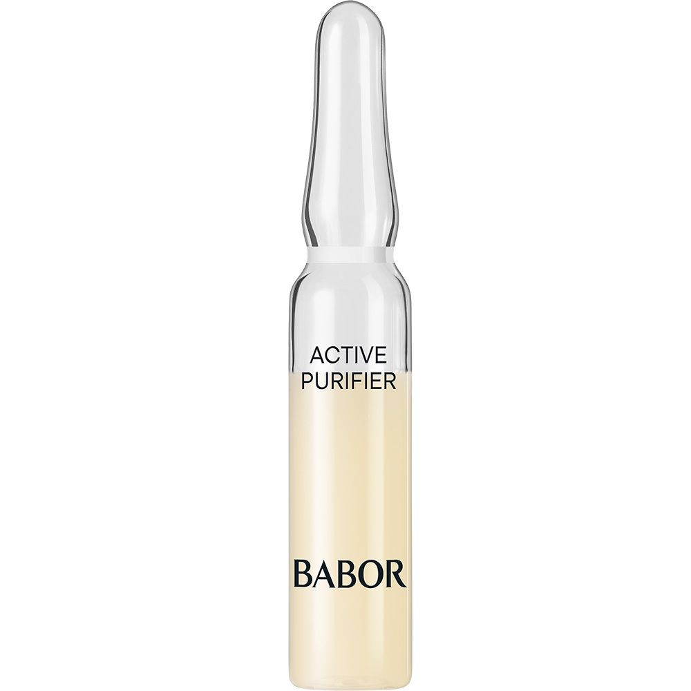 Transparante ampul met gelige vloeistof. Opschrift Active Purifier en Babor-logo.