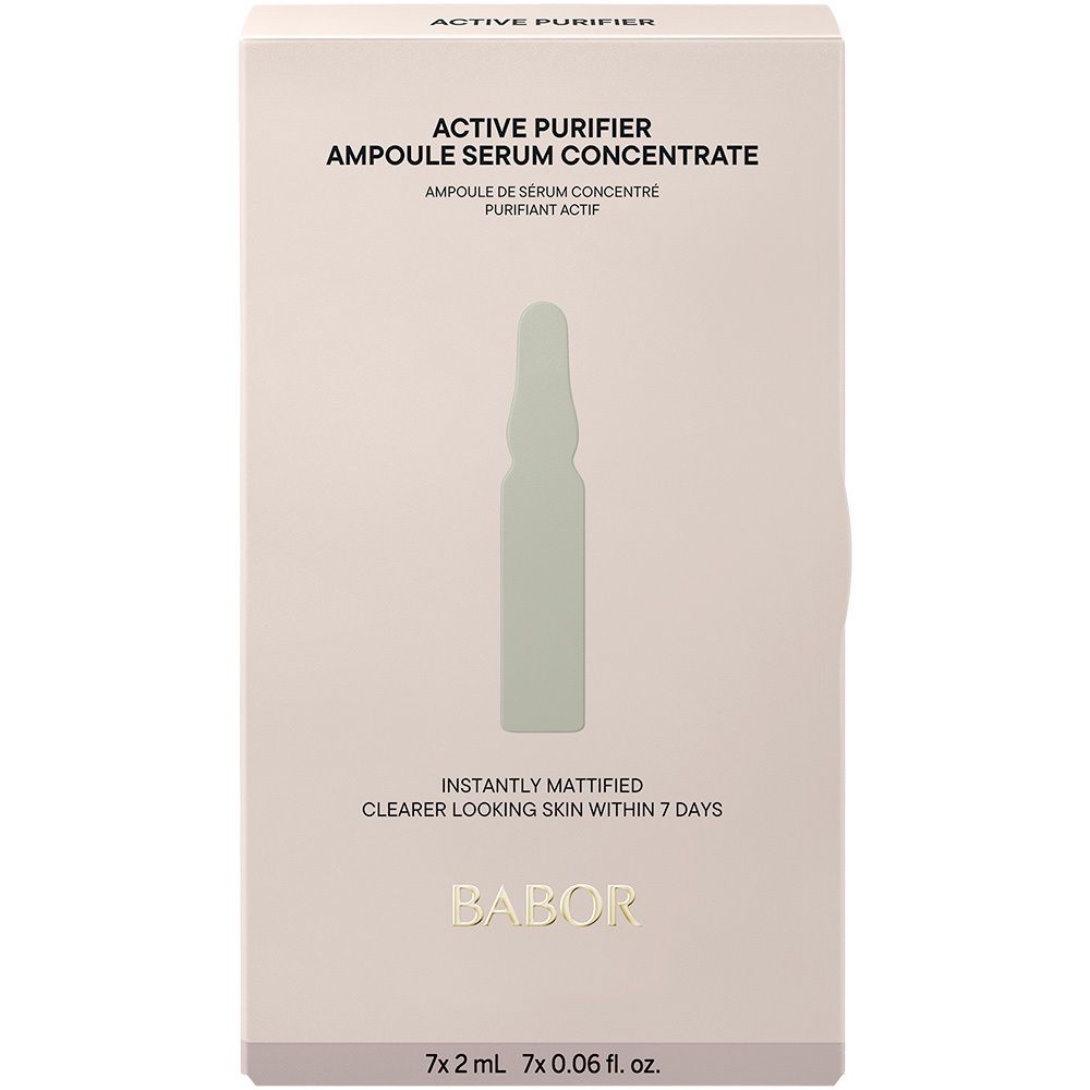 Verpakking met Babor-logo en productnaam Active Purifier. Bevat een ampul-illustratie.